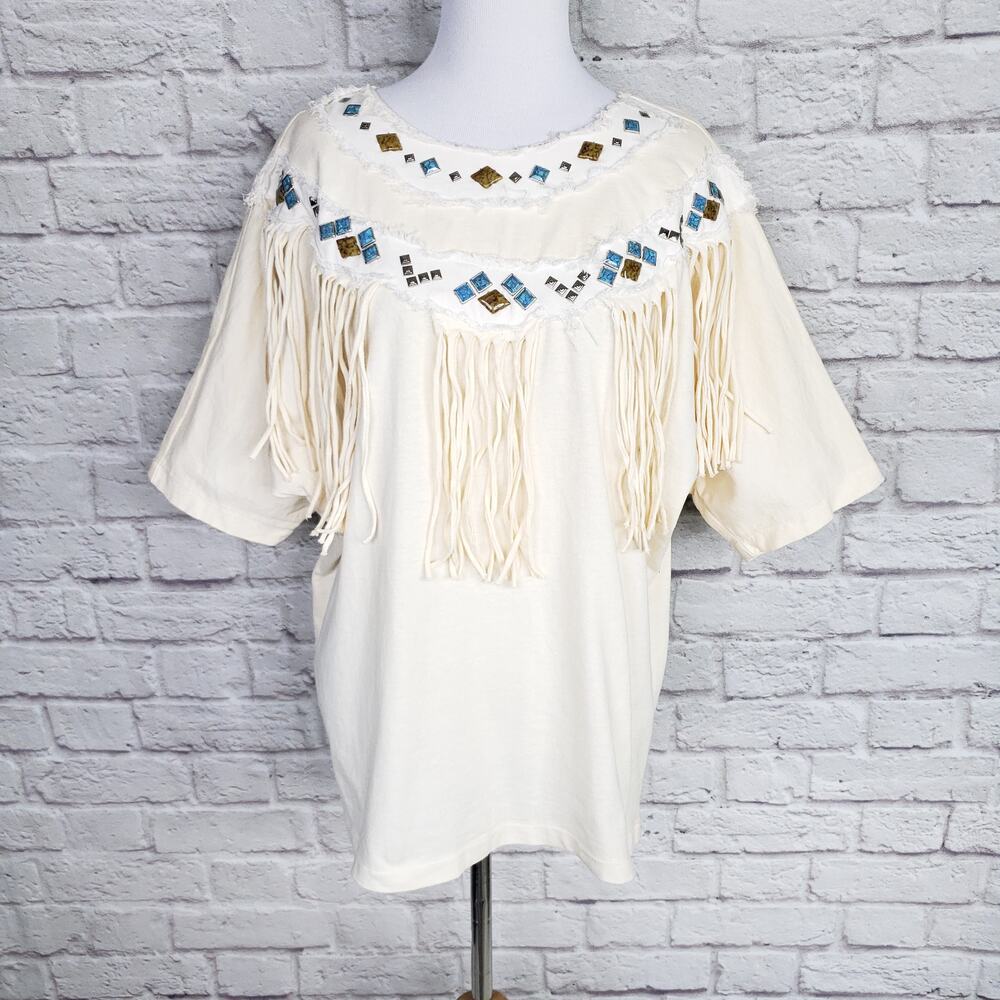 Vintage RISKY Brand Cream Western Short SleeveTop Fringe Blue Embellished Sz M